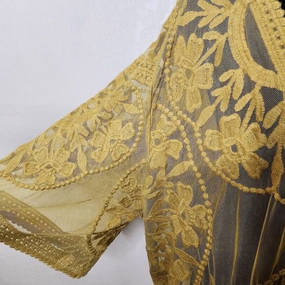 UMGEE Kimono Cardigan Women Small Yellow Cotton Lace Sheer Open Front Tie Boho - Picture 7 of 9